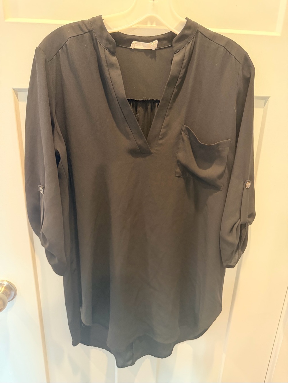 Lush Large Black Tunic Blouse Split Neck Roll Tab Sleeve High Low Top
